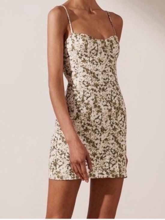 Shona Joy Dresses & Skirts - Shona Joy Suzette Corded Mini Dress Size US 2 Green Ditsy Floral Fitted Linen